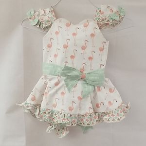 4 piece Flamingo dress lace up back head band bows